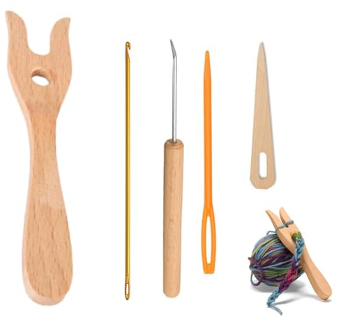 Bamyli Strickgabel Set 5 Stück, Häkelnadel Set, Strickgabel Holz, Häkelnadel Holz, Nähnadel, DIY Webwerkzeuge für Kreatives Weben, Handgefertigte Seile