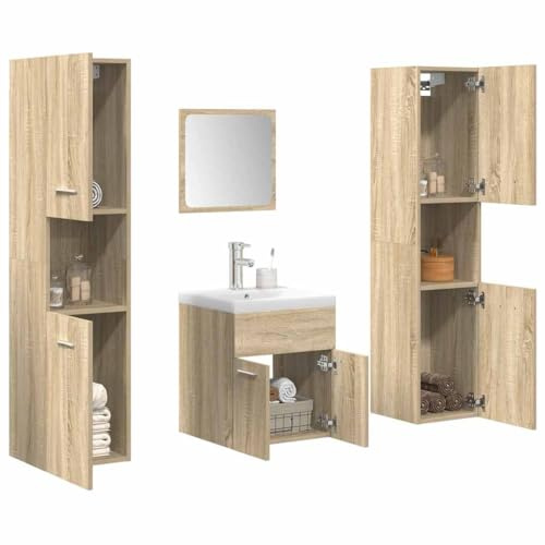 Owoxanthellate 5-TLG Badmöbel Set Sonoma Eiche 30 x 30 x 130 cm mit Waschbecken und Spiegel Kera­mik Holzwerkstoff Modernes Design Langlebig für kleine Bäder Gäste WC