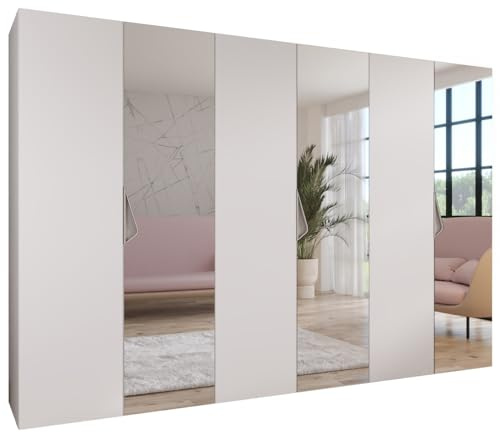 MEBLE KRYSPOL - Kleiderschrank - Garderobenschrank - 300 cm x 202 x 52 cm - Schrank mit Kleiderstange und Spiegel, 6 Türen - für Schlafzimmer, Flur - SANDI, Weiß, Griff Kaschmir