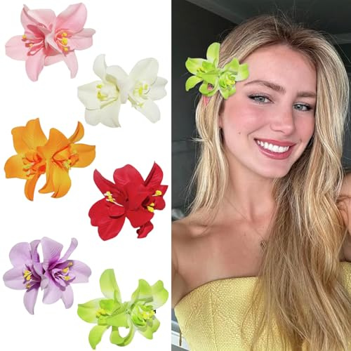 Flor Hawaiana Pelo, 6 Piezas Exquisito Pinzas Pelo Flores Mujer, Flower Hair Clip Estilo Boho, Horquillas Flores Pelo para Verano Hawaianas Vacaciones Playa Piscina Fiestas (Color-A)
