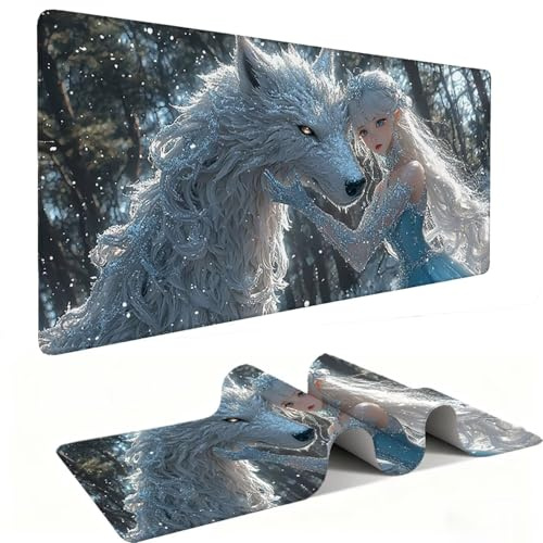 Tapis Souris de Jeu, XXL Grand Tapis de Souris Gaming 120 x 60 cm épaisseur 3MM, Mouse Pad D'ordinateur Antidérapant et étanche avec Bords Bureau pour Jeux/Bureau/Maison - (Snow Wolf Fille) s-1265