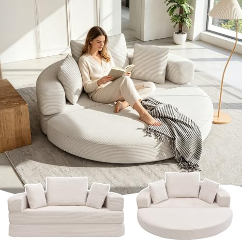 Schlafsofa mit Schlaffunktion 173cm Cord Sofa ohne Montage, Montagefrei Boneless Couch & 2-in-1 Klappbare Matratze, Modernes Cloud Couch Zweisitzer für Wohnzimmer & Balkon, Platzsparend, Beige