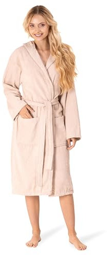 Bademantel Damen - 100% Baumwolle (350g/m²) OEKO-TEX® Zertifiziert - Morgenmantel Damen mit Kapuze, 2 Taschen, Gürtel - Beige - L