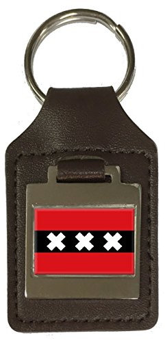 Schlüsselanhänger aus Leder mit Gravur Amsterdam Stadt Niederlande Flagge, silber, Einheitsgröße