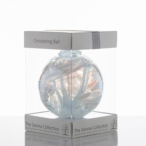 Sienna Glass Christening Gift Spirit Ball – 10cm Handcrafted White Glass Ornament with Internal Strands – Gift Boxed Hanging Decoration – Unique Handmade Keepsake for Christenings, Home, Garden