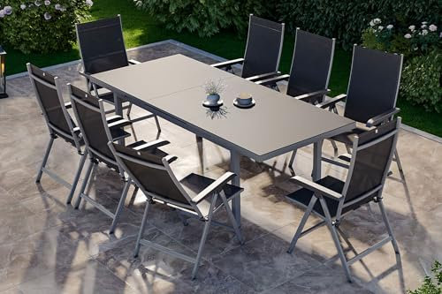 Kettler BasicPlus Esstischgarnitur, Silber, Alu/Textilene, Tisch 180/240x100cm, 8 Multipositionssessel