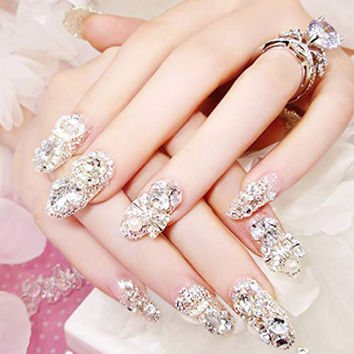 Fairvir False Nails Bling Rhinestone Crystal Bowknot Fake Full Cover Nail Tip Fashion Party Acrylic Nails for Women and Girls