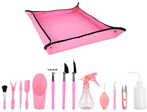 WingFly Ensemble d'outils de Jardin, Mini Ensemble d'outils de Jardin Intérieur, Ensemble Complet d'outils, Adapté à la Plantation en Intérieur ou en Pot, Un Total de 14 pièces avec Tapis (Rose)