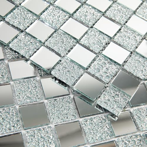 Adedeo Kristalldiamant-Mosaikfliese, quadratisch, Spiegel, Glas, Mosaikfliese für Küche, Backsplash Badezimmer, Wand (6 Blatt, silberfarbener quadratischer flacher Spiegel)