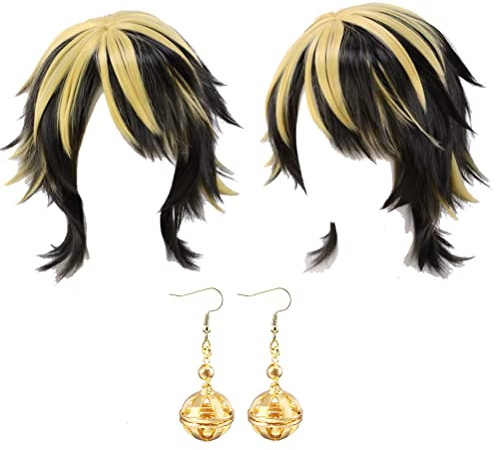 GZIRUE Goldgelbe Schwarze Kurze Perücke Haar mit Ohrring für Kazutora Hanemiya Wig Cosplay Anime Kostüm mit Perücke Kappe Wig Cap Earring (Perücke + Ohrringe)