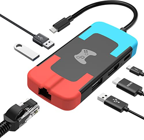 D.Gruoiza Switch Dock, adattatore LAN portatile per Nintendo Switch/OLED, sostituisce Nintendo Switch Docking Station, adattatore HDMI con Ethernet LAN/USB/Type-C (blu e rosso)