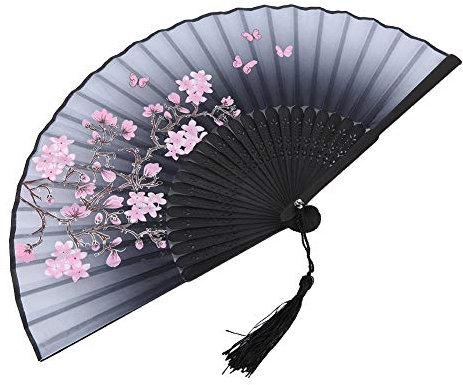 Gris Éventail Pliant Ventilateur à Main Bambou et Style rétro Chinois/Japonais Vintage Oriental Éventails,Éventail Pliable en Soie,avec Frange Creux Sculpté Ventilateur Pliant Eventail Mariage
