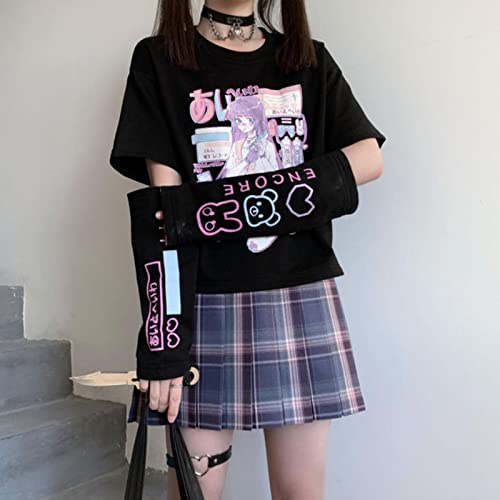 Ropa De Calle Japonesa Anime con Cubierta De Brazo Top Gráfico Harajuku Kawaii Tops De Verano para Mujer Camiseta Ropa-Negro,M (42.5-52.5KG)