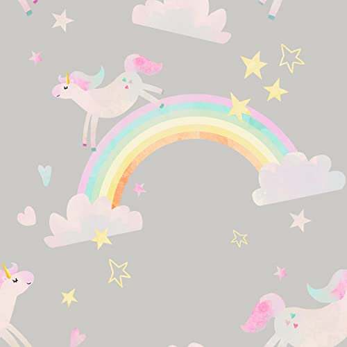 decomonkey Fototapete Kinder Kinderzimmer | Tapetenrolle 10 m Tapete Vliestapete Deko Panel Modern Design Wanddeko Wandtapete | Grau Herz Sterne Einhorn Wolken Regenbogen