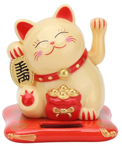 BuyWeek Winkekatze, Solarbetriebene Glückskatze Niedliche Winkende Katze Maneki Neko Katze Ornament für Zuhause, Büro, Auto(Gelb)