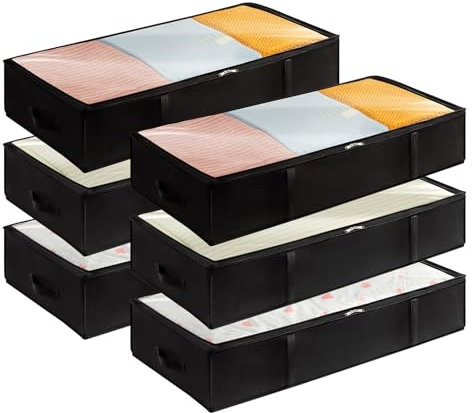 Lifewit 6 Stück 90L Unterbettkommode, Unterbett Aufbewahrungsbox mit deckel, Faltbare Kleidung Aufbewahrung Aufbewahrungstasche für Bettdecken Kleidung Unterbett Kleiderschrank, Schwarz