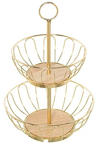DRW Frutero Redondo Doble de Metal en Dorado 28x42cm, 28x10cm y 22x8cm