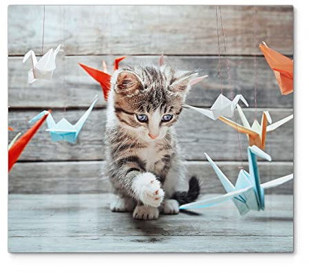 DEQORI Herdabdeckplatte Glas | einteilig 60x52 cm | Motiv Kätzchen mit Origami | Ceranfeld Abdeckplatte für Küche | Herd-Abdeckung universal | Glasplatte & Schneidebrett für Kochplatten