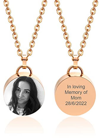 Personalised Memorial Cremation Urn Necklace - Free Engraving Photo Message Round Black Urn Pendant for Ashes/Hair Necklaces Memory of Lost Pet/Grandpa/Grandma/Mom/Dad Customised Ashes Jewellery Gifts