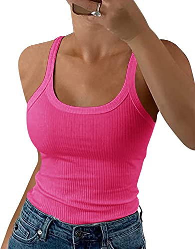 GEMBERA Débardeurs côtelés à Bretelles Spaghetti et col Rond pour Femme - Camisole ajustée en Coton Basique sans Manches, Rose Fuchsia, Taille XS