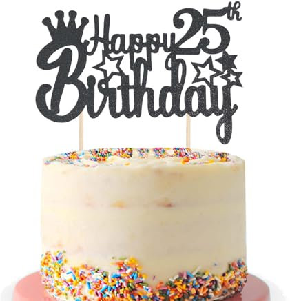 Tortendeko 25 Geburtstag Mann Frau, Schwarz Glitzer 25. Kuchendeko Geburtstag, Happy 25. Geburtstagstorte Topper, Kuchen Topper 25 Mann Frau, Happy 25th Birthday Cake Topper(Schwarz)