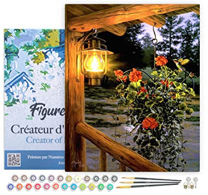 Figured'Art Peinture par Numéro Adulte avec Cadre Lanterne sous le porche - Activité Manuelle Kit de Loisir Créatif DIY Numéro d'Art Complet - 40x50cm toile tendue sur châssis