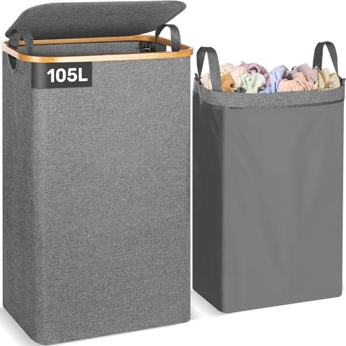 OUSFOT Cesto Ropa Sucia con Tapa Estrecho Laundry Organizer XL 105 L Cubo con Tapa Gris Cesta Fácil de Montar y Plegable con Asas Puede Usar Dormitorios, Salas Estar, Habitaciones Niños, Baños