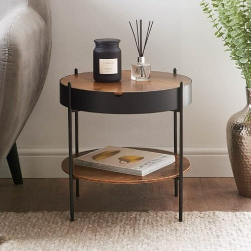 OTZ Round 2-Tier Side TableCoffee Table With Storage Rustic Oak Plant Table Planter Sofa side Table