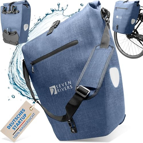 SEVENRIVERS 2in1 Fahrradtasche Gepäckträgertasche wasserdicht 100% PVC frei + Laptopfach + Schultergurt – Fahrrad Tasche für Gepäckträger (Jeans-Blau)