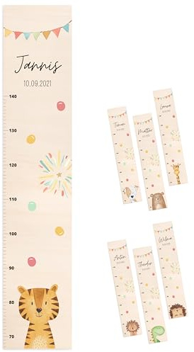 wunderwunsch Kinder Messlatte personalisiert, Messleiste, Girlande Tiger | Holz Kindermesslatte, Wachstum Maßband, Wand Größentabelle, Mädchen und Jungen, Baby Geschenk Geburt, Taufgeschenk mit Name