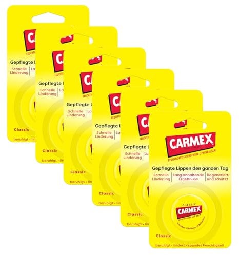 Carmex Classic Tiegel - Lippenpflege für trockene Lippen, Lippenbalsam feuchtigkeitsspendend und beruhigend für rissige Lippen, mit Vaseline, Vitamin E und Bienenwachs - (6 x 7,5 g)