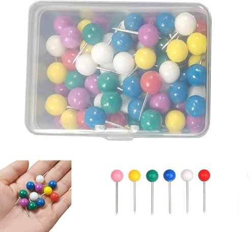 100 Stück Rundkopf Stecknadeln, Pinnnadeln Pushpins, Kartennadel, Landkarte Pinnadeln, für Weltkarte, Cork Board, Stoffmarkierung, Metallischer Runder Kopf mit Edelstahlspitze
