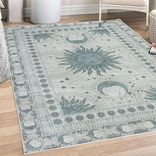 ABAKUHAUS Sonne und Mond Dekorativer Teppich, Bohemian Okkultes Design, Hochwertiger Flächenteppich für Schlafzimmer und Wohnzimmer, 122x170 cm, Meer