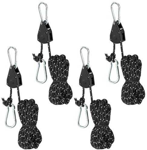 4 Pieces Ratchet Hangers, Accroche-Corde réglable, 4M Duty Heavy Rope Cable Cliquet avec Crochet Tendeur de Corde pour Tente Suspension Culture Plante Lampe (Black, 4)