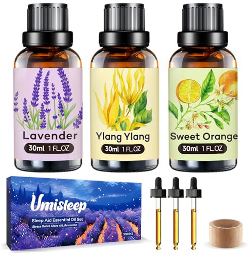 Umisleep ätherisches Öl-Set für Diffusoren zur Schlafverbesserung, 100% natürliche Öle für tiefe Entspannung – Geschenkset mit Lavendel, süßer Orange und Ylang-Ylang, 3 x 30 ml
