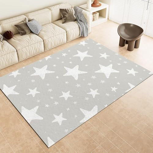 Malereistil Sterne Kurzflor Wohnzimmerteppich - Weich rutschfest Design Teppich 120x170cm, Waschbarer Dekorative Teppiche für Schlafzimmer, Esszimmer Hellgrau