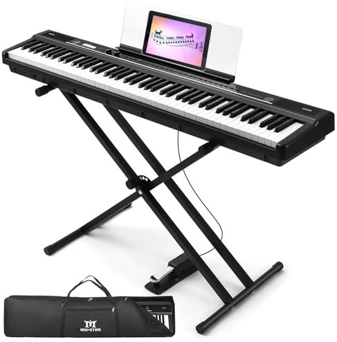 MUSTAR Digital Piano 88 Key Semi Weighted for Beginners, Full Size Electric Piano Keyboard with Stand, 129 Voices, Case, Sustain Pedal, USB MIDI, Black