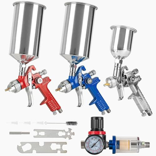 Set di Pistole per Verniciatura – 3 Pistole HVLP (1.0mm, 1.4mm, 1.7mm) per Verniciatura Auto e Progetti Fai-da-te, 1000 ml, Facile da Usare, Include Regolatore di Pressione dell'Aria e Accessori