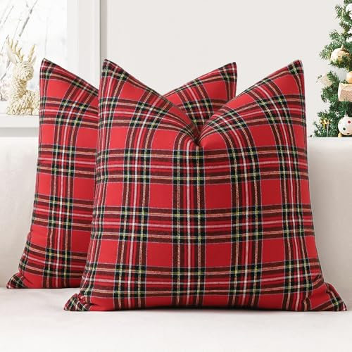 JOTOM 2er Set Weihnachten Schottisches Karo Kissenbezüge, Dekorative Plaid Tartan Wurf Kissenbezug Sofakissen Dekokissen Zierkissenbezug für Wohnzimmer Schlafzimmer Deko (40x40cm, Rot+Schwarz)