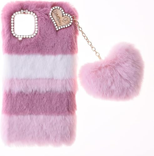 Fluffy Plush Case for iPhone 5 / 5s / SE 2016 Heart-shaped Pendant TPU Bumper Protective Cover with Bling Diamond bowknot Cute Warm Winter for Women Girls Shockproof-Color block Pink