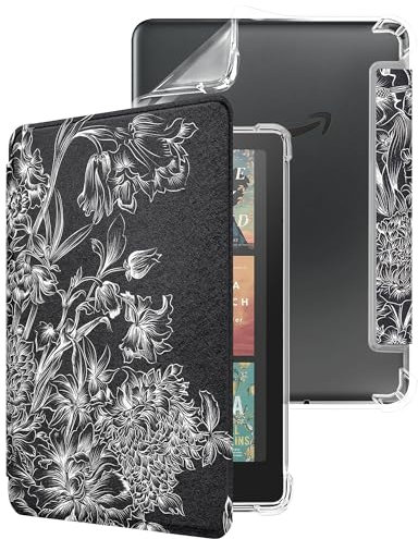 WALNEW Coque pour Kindle Paperwhite 12ème génération 2024 et Kindle Colorsoft Signature Edition 7 - Coque de protection arrière transparente en TPU souple pour Kindle Colorsoft 2024 (fleur noire)