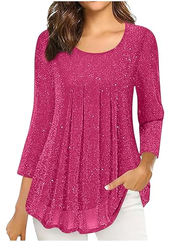 Glitzer Oberteile Damen 3/4 Ärmel Bluse Elegant Pailletten Tunika Festliche Blusenshirt Mesh Pullover Einfarbig Tshirt Silvester Outfit Leicht und Luftig T-Shirt Mode Blusentop Longbluse