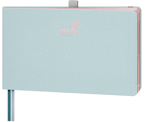 BEZEND Kalender 2026 Buchkalender Querformat 23 x 14 cm - Wochenplaner Vertikal 1 Woche 2 Seiten, Terminplaner 2026 PU-Leder Hardcover mit 100 GSM Papier & Rose Gold Papierkante, Graublau