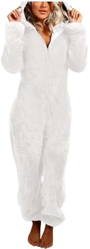 Generisch Tuta in pile calda da donna, morbida tuta in peluche, pigiama intero Onesie, a maniche lunghe, in tinta unita, soffice, lungo, con cappuccio, chiusura lampo