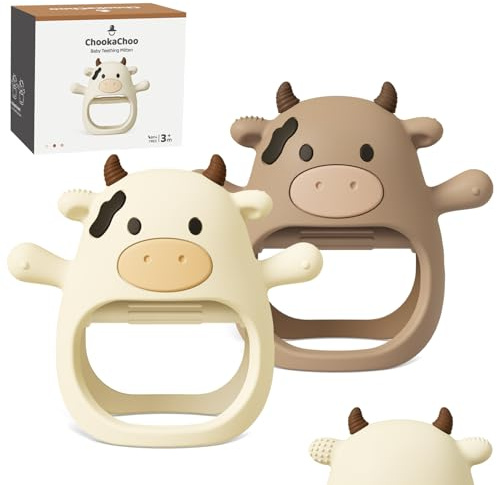 ChooKaChoo 2 Pack Baby Teething Toy for Over 3 Months, Food Grade Silicone Teething Mitten, Anti Dropping Wrist Hand Teethers Baby Chew Toys for Sucking Needs, BPA Free (MooMoo Cow)
