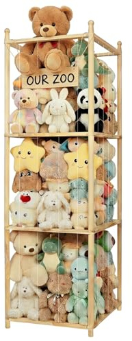 SUNMON 3-Etagen Kuscheltier Aufbewahrung Holzregal, Stofftier Aufbewahrung Organizer 1,36 Meter Stauraum Plüschtier Aufbewahrung Netz Platzsparend Wandregal Holz für Kinderzimmer