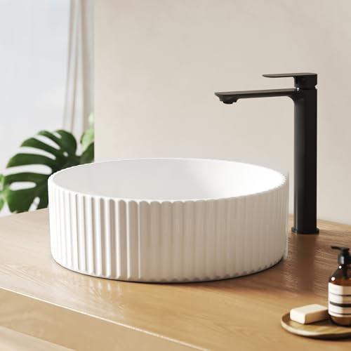 EMKE Lavabo Redondo Sobre Encimera de Cerámica Blanco Brillante Ø36 cm, Diseño Moderno con Superficie Texturizada, Fácil de Limpiar, Lavabo de Baño para Mueble o Encimera