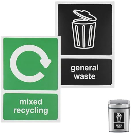 Recycling Bin Stickers, Self Adhesive PVC, Pack of 2, 150 × 100 mm | Recycling Stickers for Bins, General Waste and Mixed Recycling, Black and Green