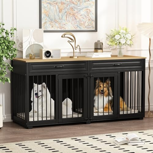PREMTURE Large Black Dog Crate Furniture with 2 Drawers, Indoor Kennel | Lockable interior accommodates multiple dogs, while the furniture-style top doubles as a practical living-room side table.