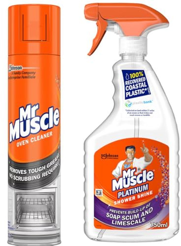 Mr Muscle Platinum Shower Shine 750ml + Oven Cleaner 300ml | Bathroom & Kitchen Cleaning Combo | Removes Limescale, Soap Scum, Grease & Burnt Food | Powerful Deep Cleaning Formula (PACK OF 1)